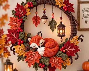 May include: A circular crochet wreath featuring a sleeping orange and white fox, decorated with red, orange, and green crocheted maple leaves, red berries, and hanging ornaments including a small lantern with a warm light and an acorn.