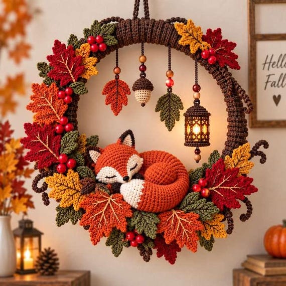 Autumn Fox Crochet Wreath Pattern, Fall Leaf Wreath, Woodland Decor, Acorn & Mushroom, Download PDF