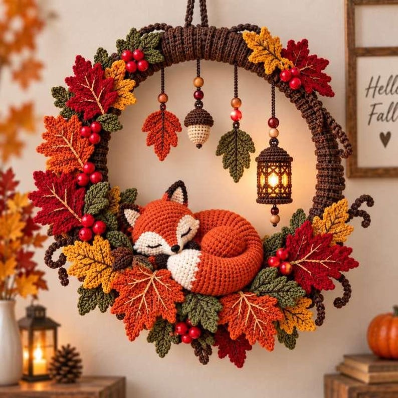 May include: A circular crochet wreath featuring a sleeping orange and white fox, decorated with red, orange, and green crocheted maple leaves, red berries, and hanging ornaments including a small lantern with a warm light and an acorn.