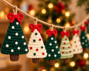 May include: A garland featuring a series of crocheted Christmas tree ornaments suspended from a thick jute twine. Each tree is topped with a small red crocheted bow and features a brown trunk, alternating between dark green and cream colors.