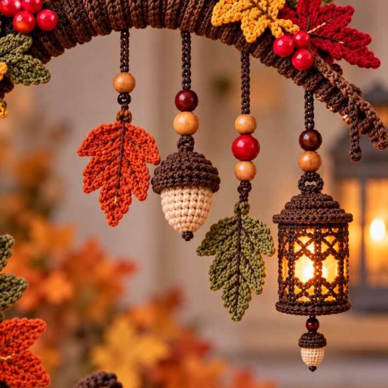 May include: A crochet autumn wreath featuring a brown base adorned with red, yellow, and green crocheted leaves and red berries. Hanging from the wreath are crocheted ornaments including an acorn, leaves, and a lantern with a warm light.