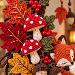 May include: A crochet wreath featuring orange and red maple leaves, green oak leaves, two red mushrooms with white spots, clusters of red berries, brown acorns, and a sleeping orange and white fox with a black nose and closed eyes.
