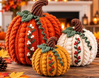 May include: Three crocheted pumpkins in orange, yellow, and white, each featuring a brown stem, green leaves, a curly green vine, and a vertical embroidered floral vine. The orange pumpkin is largest, followed by the white, then the yellow.