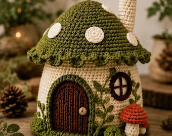 May include: A crochet mushroom house with a green cap featuring white spots and a cream-colored base. It has a dark brown arched door with a small wooden button handle, a round window, a chimney, and a small red mushroom accent at the base.