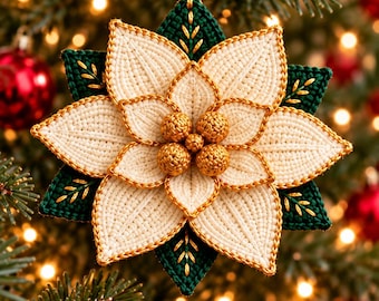 May include: A crocheted poinsettia ornament featuring cream-colored petals with gold-trimmed edges, layered over dark green leaves with gold-stitched accents. The center is adorned with five small, round, metallic gold crocheted spheres.