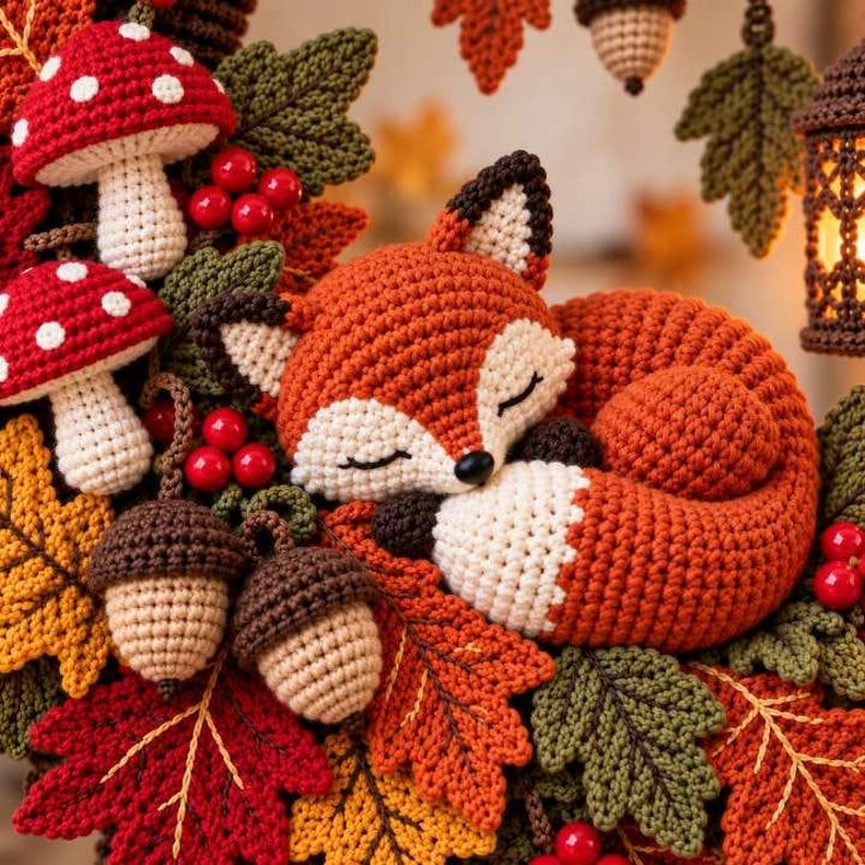 May include: A crochet wreath featuring a sleeping orange and white fox, two red and white spotted mushrooms, two brown acorns, and several autumn-colored leaves in shades of red, orange, and green, accented with small red berries.
