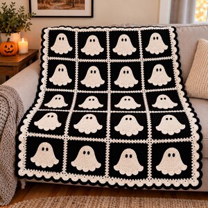 Ghost Granny Square Crochet Pattern PDF, Halloween Ghost Blanket Throw, Spooky Instant Download