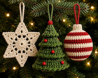 May include: Three crochet ornaments hanging from a tree: a cream-colored six-pointed star, a green tiered Christmas tree with small red pom-poms, and a round ball ornament featuring alternating horizontal stripes of cream and dark red yarn.