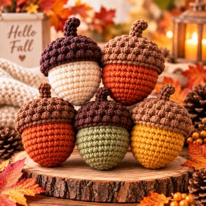 May include: A collection of five crocheted acorns featuring textured brown caps and bodies in cream, orange, and light green colors. Each acorn has a small stem on top, arranged in a cluster to display the varied yarn colors and stitch patterns.