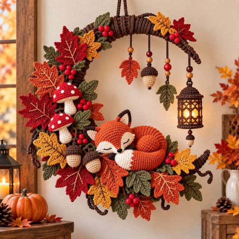 May include: A crescent-shaped crochet wreath featuring a sleeping orange and white fox, red and yellow autumn leaves, red berries, and small acorns. The wreath is decorated with hanging crochet leaves, acorns, and a small brown lantern with a warm light.