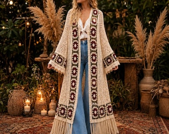 Könnte beinhalten: Ein langer, cremefarbener Häkel-Cardigan mit einem sich wiederholenden Granny-Square-Muster in Dunkelrot und Olivgrün entlang der Vorderteile und Ärmel. Das Kleidungsstück hat weite Ärmel, einen bodenlangen Saum und lange Fransen.