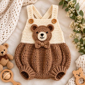 May include: A cream and brown crocheted romper featuring a bear face appliqué on the chest with a small bow tie. The garment has two wooden buttons at the top of the straps and ribbed leg openings, showcasing a textured, handmade yarn construction.