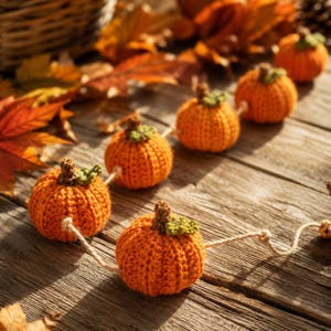 May include: A garland featuring multiple small, crocheted orange pumpkins with brown stems and green leaves, strung together on a light-colored twine cord. Each pumpkin has a textured, ribbed surface created by the crochet stitching technique.