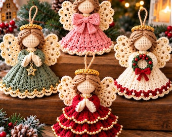 May include: Four crocheted angel ornaments with tan yarn hair and gold halos. One wears a green dress with a star charm, one a pink dress with a bow, one a white dress with a wreath, and one a tiered red dress. All have cream lace wings.