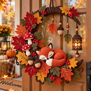 May include: A crescent-shaped crochet wreath featuring a sleeping orange fox, red and white mushrooms, brown acorns, and autumn-colored leaves in red, orange, and green. A small brown lantern hangs from the wreath, accented by wooden beads.