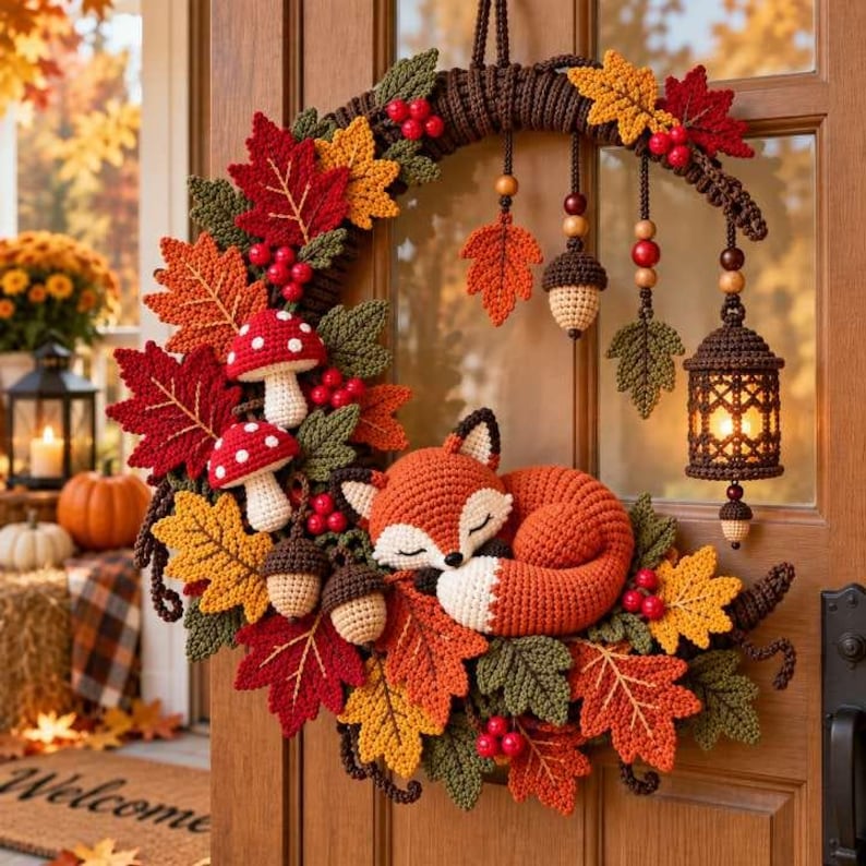 May include: A crescent-shaped crochet wreath featuring a sleeping orange fox, red and white mushrooms, brown acorns, and autumn-colored leaves in red, orange, and green. A small brown lantern hangs from the wreath, accented by wooden beads.