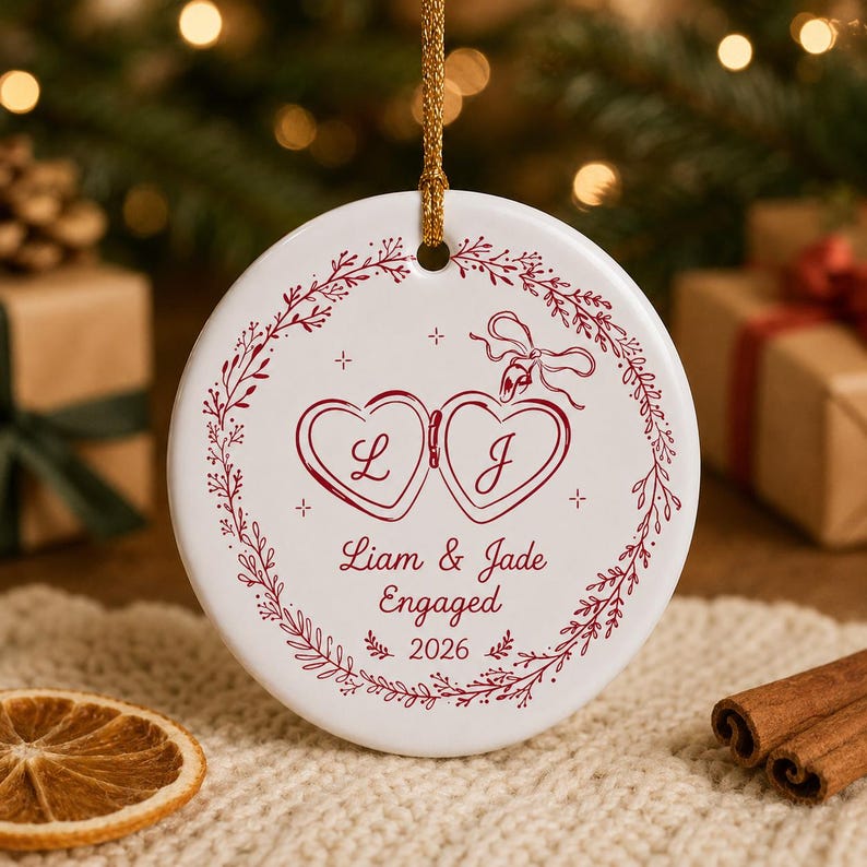 Jade Lettering Designs Personalized Engagement Ceramic Ornament, Couple Initials and Names ...