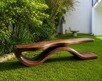 Banco de madera escultural orgánico, banco de entrada de nogal macizo hecho a mano, banco moderno con borde natural, mesa de madera Japandi, asientos de lujo para pasillo.