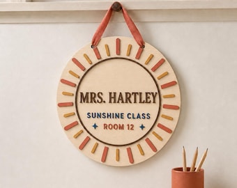 Personalized Sunshine Classroom Hanger, Round Wooden Name Plaque, Retro Elementary Teacher Gift