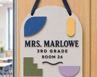Personalized Abstract Classroom Hanger, Layered Wooden Name Plaque, Third Grade Teacher Gift