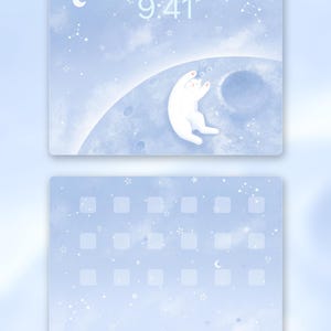 May include: A digital wallpaper set featuring a light blue sky theme with white stars, constellations, and hearts. The top image shows a white cat sleeping on a large moon. The bottom image displays a grid of app icon placeholders.