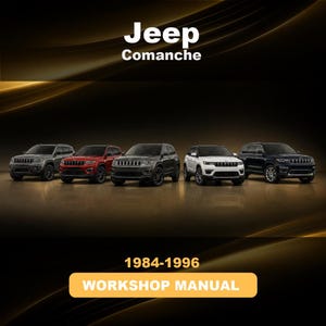 May include: A digital graphic for a Jeep Comanche 1984-1996 workshop manual. The text Jeep Comanche and 1984-1996 WORKSHOP MANUAL appear in white and yellow. Five SUVs in gray, red, dark gray, white, and black are displayed in a horizontal row.