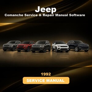May include: A digital product display for Jeep Comanche Service & Repair Manual Software. The graphic features five SUVs in gray, red, dark gray, white, and black, with the text 1992 SERVICE MANUAL displayed on a yellow rectangular button.