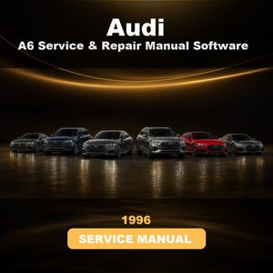 Könnte beinhalten: Digitale Audi A6 Service- und Reparaturhandbuch-Software für 1996er Modelle. Die Grafik zeigt den Text Audi A6 Service & Repair Manual Software oben und 1996 SERVICE MANUAL auf einem gelben Button, mit sechs Audi-Autos in verschiedenen Farben.