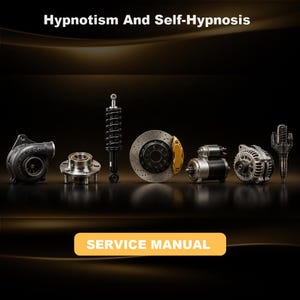 May include: A collection of automotive parts including a turbocharger, wheel hub, shock absorber, brake rotor with a gold caliper, starter motor, alternator, and fuel injector. The text reads Hypnotism And Self-Hypnosis and SERVICE MANUAL.