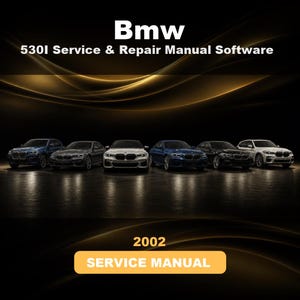 Puede incluir: Una portada de producto digital con el texto Bmw 530I Service & Repair Manual Software y 2002 SERVICE MANUAL. La imagen muestra seis sedanes BMW de varios colores alineados sobre un fondo oscuro con rayas de luz dorada.
