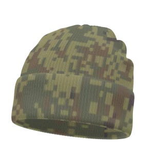 May include: A ribbed knit beanie featuring a digital camouflage pattern in shades of olive green, dark brown, and tan. The hat has a folded cuff at the base and a rounded crown, constructed from a textured fabric with a consistent pixelated design.