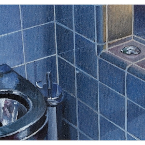 May include: A close-up of a bathroom with blue tiled walls. A toilet is in the foreground, and a shelf with decorative seashells is in the background.