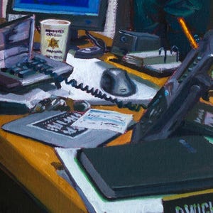 May include: An office desk scene with a laptop, telephone, and a coffee cup. A black computer mouse and a notepad are also visible. A colorful rubber band ball sits on the desk. The name "Dwight K. Schrute" is on a nameplate.