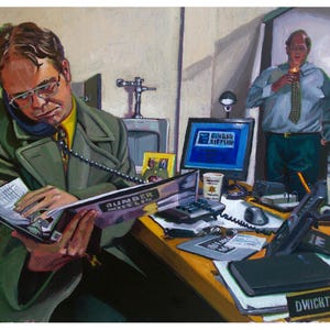 May include: An office scene painting featuring a man in a green coat on the phone, reading a binder labeled "Dunder Mifflin". A computer displays the company logo. Another man stands in the background. A nameplate reads "Dwight K. Schrute".