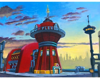 Láminas artísticas del edificio Planet Express de Futurama
