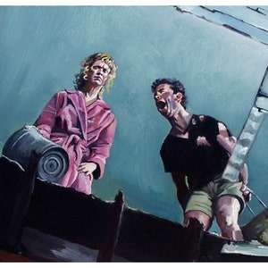 May include: A painting of a woman in a pink robe and a man in a black shirt and khaki shorts. The woman is holding a rolled-up sleeping bag and the man is holding a bucket. They are both looking up at something off-screen.