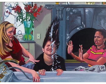 May include: A painting of three people in a bathroom. A person in a black shirt is sitting in a bathtub and getting a face full of shaving cream. A person in a red shirt is standing behind the person in the bathtub and holding a shaving cream can. A person in a pink shirt is standing behind the person in the bathtub and holding their hands up in the air.