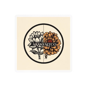 May include: A square sticker featuring a circular design divided vertically. The left side shows a black and white line drawing of a flower, while the right side displays an orange flower. The text ARANYALTCO is printed across the center.