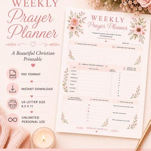 Pode incluir: Um planejador de oração semanal imprimível com um design floral de flores rosas e folhas verdes. O documento inclui seções para foco de oração, escrituras, um cronograma semanal, relatórios de louvor e reflexão, com o texto Colossians 4:2.