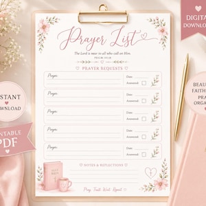 May include: A prayer list printable document on a clipboard featuring pink floral accents, the text Prayer List, The Lord is near to all who call on Him. Psalm 145:18, Prayer Requests, Notes & Reflections, and Pray Trust Wait Repeat with lines.