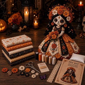 May include: A DIY craft kit for a Day of the Dead marigold spirit doll, including a finished doll with a floral headpiece, stacked fabric swatches in orange and black, sewing thread spools, needles, scissors, lace trim, and an instruction booklet.