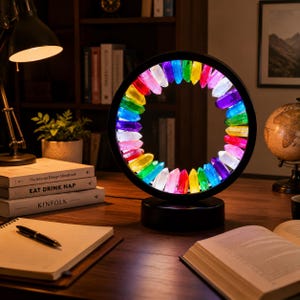 May include: A circular lamp featuring a black frame lined with numerous multi-colored, translucent crystal-like shards that emit a vibrant glow. The light fixture is mounted on a solid black cylindrical base, creating a ring of illuminated colors.