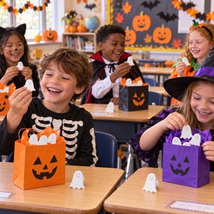 May include: Small white ghost-shaped figurines with smiling faces, displayed alongside orange and purple paper gift bags featuring black jack-o'-lantern faces. The ghost figurines are made of a smooth material and are held by children in costumes.