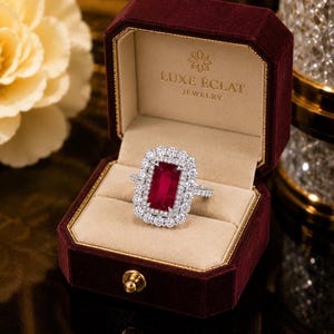 Anel octogonal com rubi vermelho natural | Anel de noivado em ouro maciço com halo de diamantes