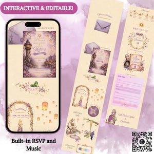 May include: A digital interactive and editable invitation suite featuring a purple and gold theme with a tower, floating lanterns, a chameleon, and a horse. The design includes a countdown timer, RSVP form, and music integration for a celebration.