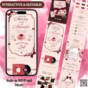 Op de afbeelding: Een digitale verjaardagsuitnodiging op een smartphonescherm, met een roze en donkerrood kleurenschema, kersenmotieven, een taartillustratie en tekst waaronder "She's the Cherry on Top", "Amaya", "24", "RSVP" en "The Agenda".
