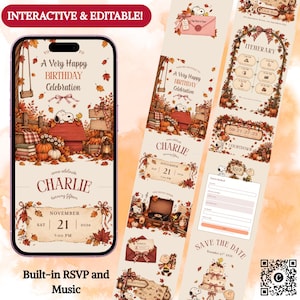 May include: An interactive digital birthday invitation template displayed on a smartphone screen and vertical panels, featuring Snoopy, autumn leaves, pumpkins, and text including A Very Happy Birthday Celebration, Charlie, November 21, 2026, and RSVP.