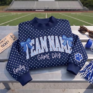 Custom Name Polka Dot Mockneck Applique Embroidered Sweatshirt, Personalized Team Spirit, Varsity Letter Custom Game Day Gingham Shirt