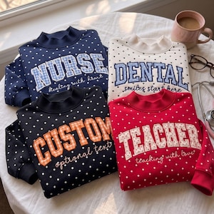Sudadera personalizada con cuello alto y bordado de lunares, jersey bordado con apliques, sudadera personalizada con cuello redondo y estampado de cuadros vichy y lunares, regalo personalizado