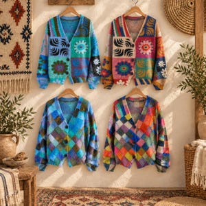 Colorful Abstract Print Cardigan Sweater, Boho Patchwork Knit Jacket, Vintage V Neck Button Up Sweater, Cozy Christmas Gift for Women